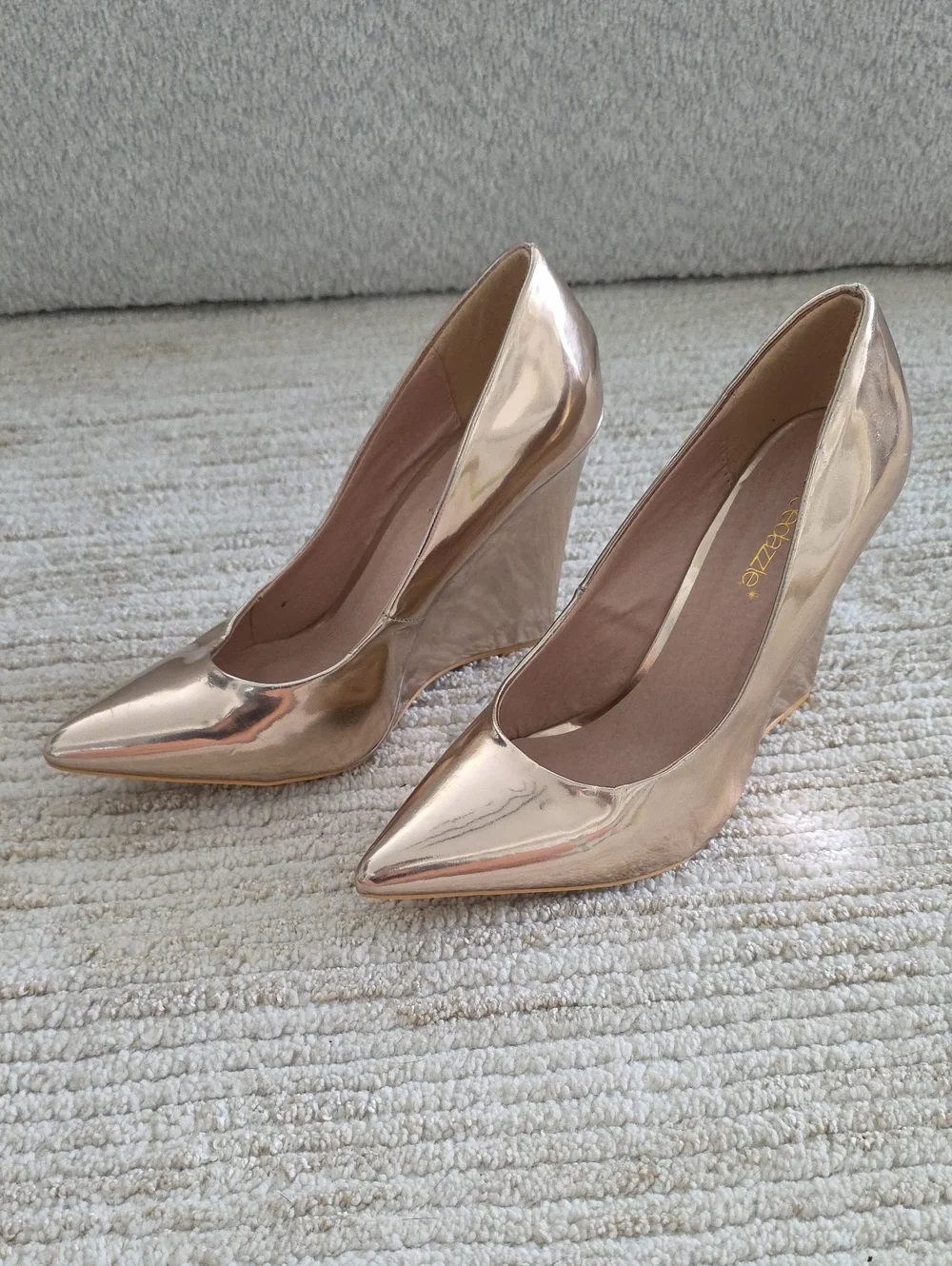Shoe Dazzle Metallic Rose Gold Pointed Wedge Heels
